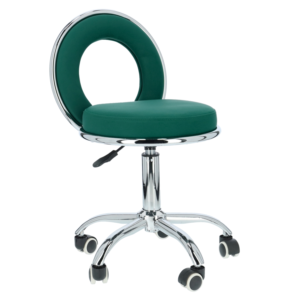 Zielony taboret obrotowy na kółkach, kosmetyczny stołek z regulacją wysokości.