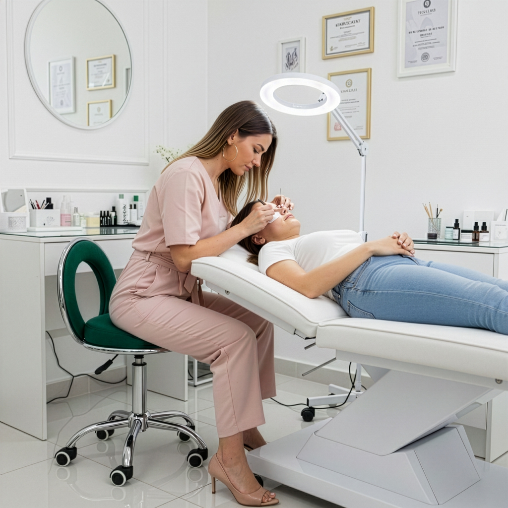 Taboret kosmetyczny obrotowy na kółkach dla stylistki podczas precyzyjnej pracy beauty.