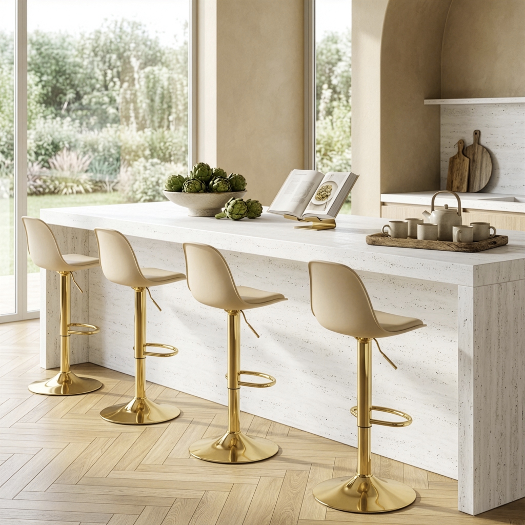 Hokery regulowane obrotowe do kuchni przy wyspie, beżowe plastikowe siedziska z poduszką z ekoskóry i złotą podstawą