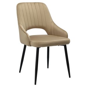 Krzesło tapicerowane do jadalni beżowe z podłokietnikami i czarnymi nogami.
